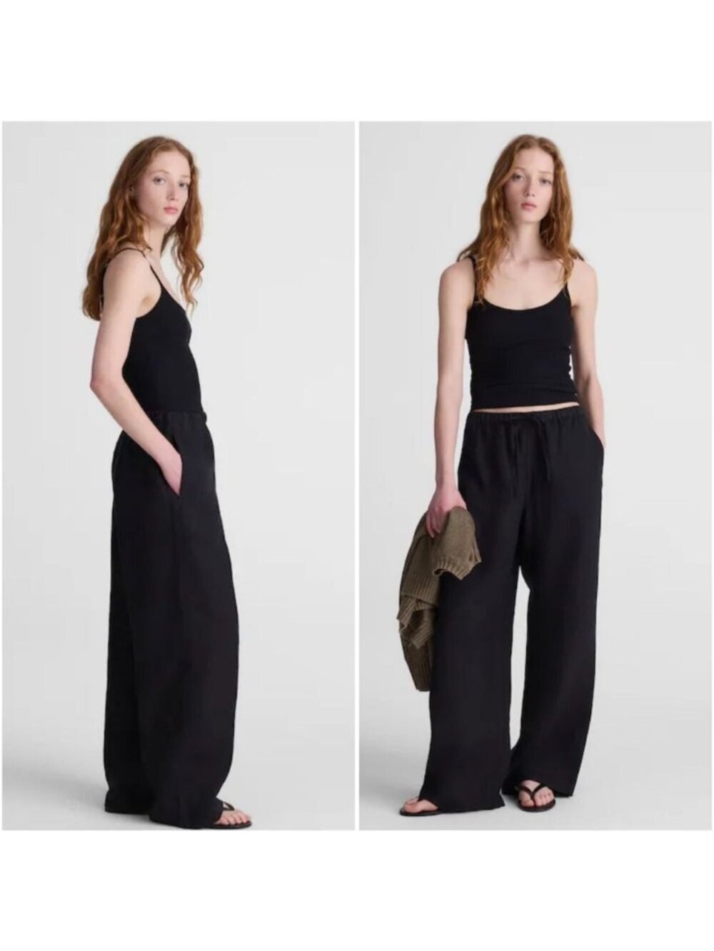 Madewell Pull-On Pants 100% Linen Jet Black Wide Leg Drawstring Minimalist XXL